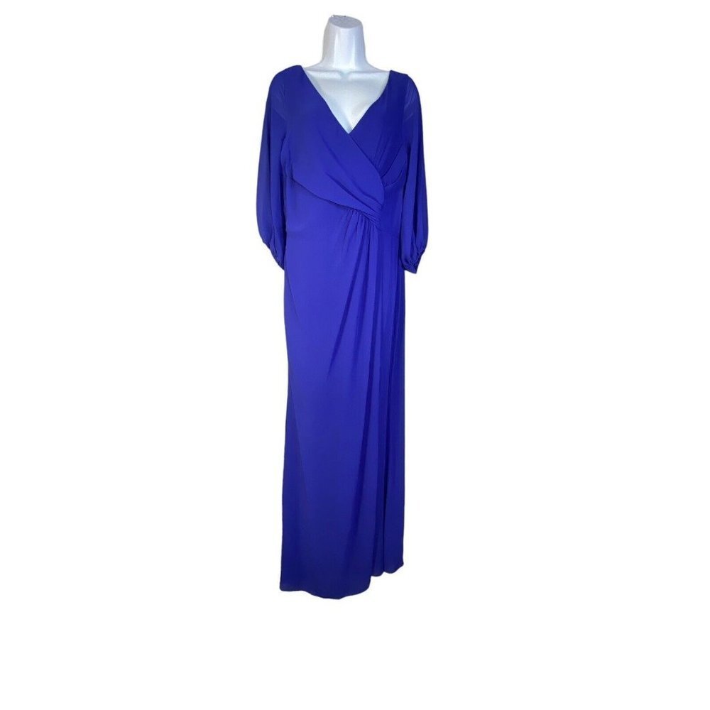 Miss Cristina Women's Faux Wrap Dress Blue‎ Pleated V Neck 3/4 Sleeve Zip Large
